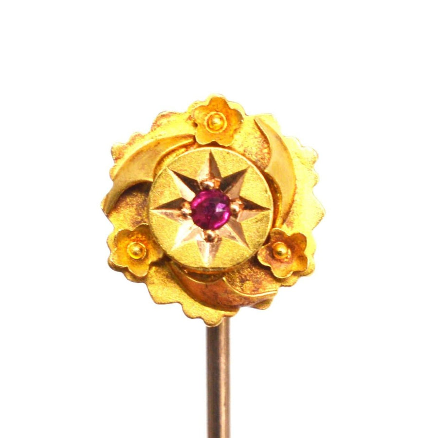 Victorian 15ct Gold Ruby Star Tie Pin with Floral Details