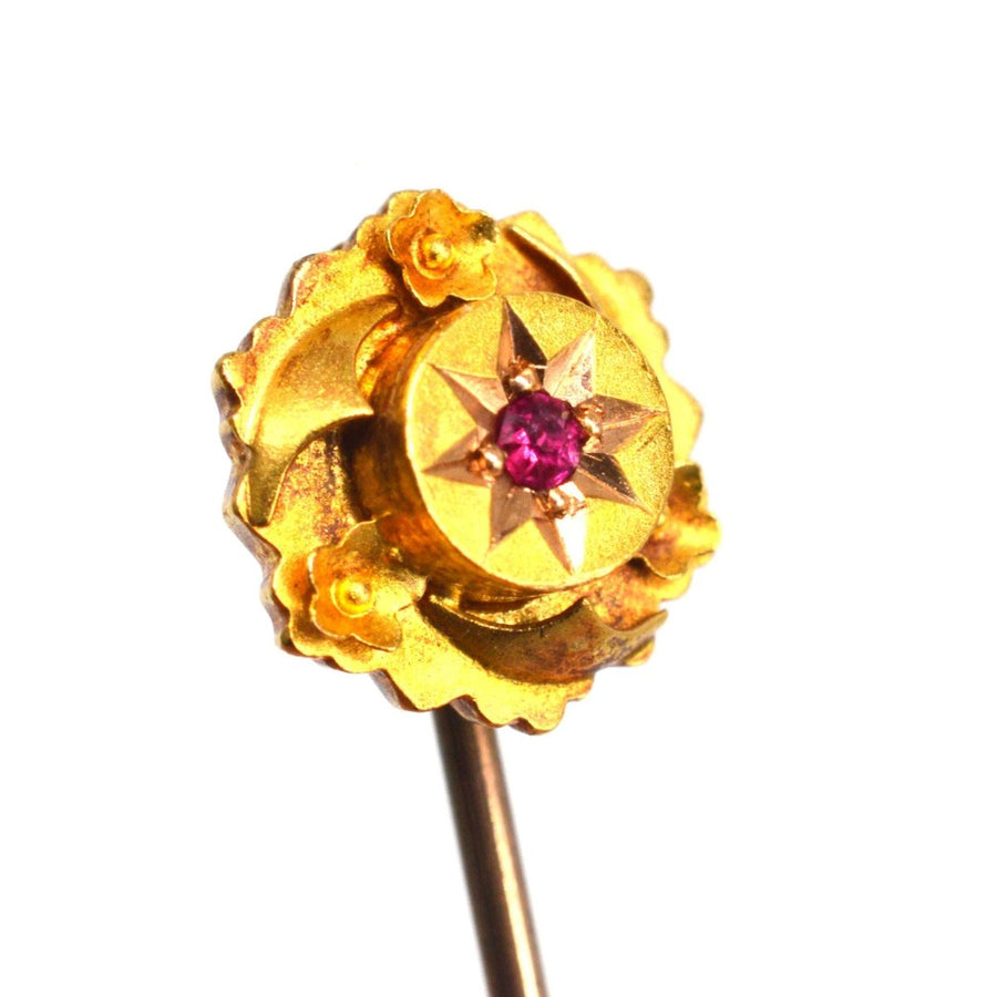 Victorian 15ct Gold Ruby Star Tie Pin with Floral Details