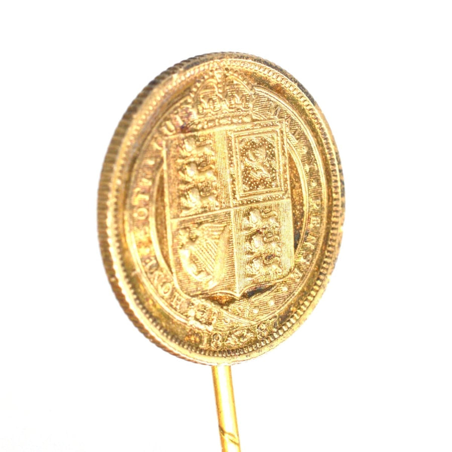 Victorian 1887 Queen Victoria Silver Sixpence Tie Pin showcasing detailed coin design with a royal shield.
