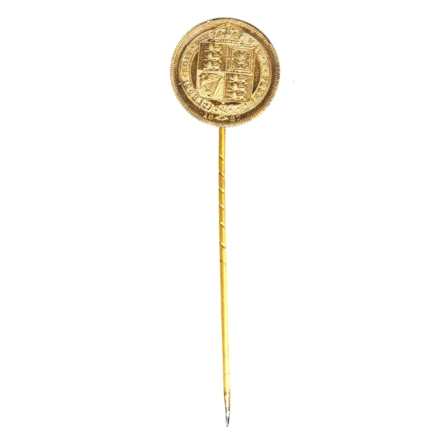 Victorian 1887 Queen Victoria Silver Sixpence Tie Pin featuring a detailed shield design.