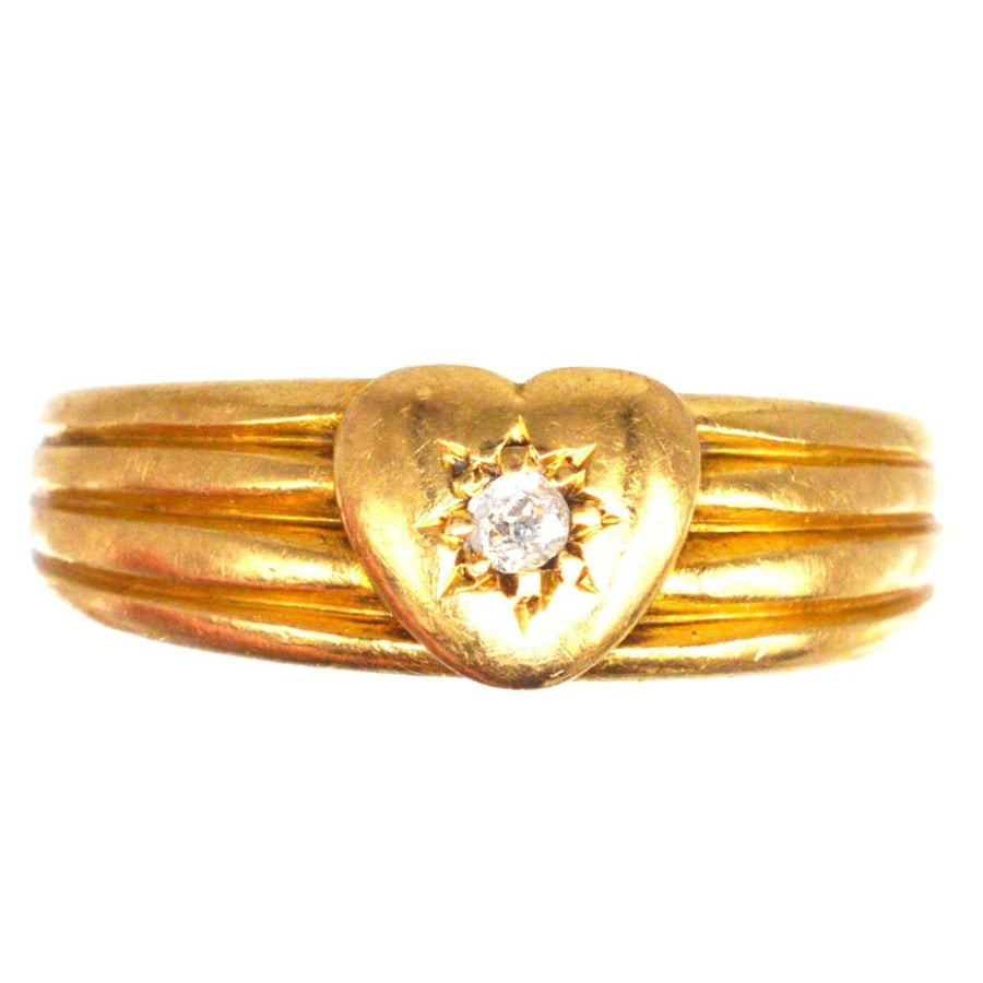 Victorian 18ct gold keeper ring with heart and diamond, hallmarked Chester 1893, elegant fluted design.