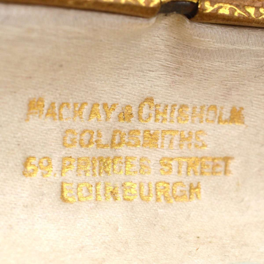 Mackay & Chisholm Goldsmiths label from original box, 59 Princes Street, Edinburgh, fine jewelry design.