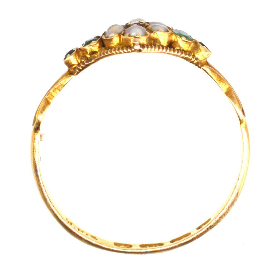 Victorian 18ct Gold Emerald, Diamond and Seed Pearl Ring | Parkin and Gerrish | Antique & Vintage Jewellery