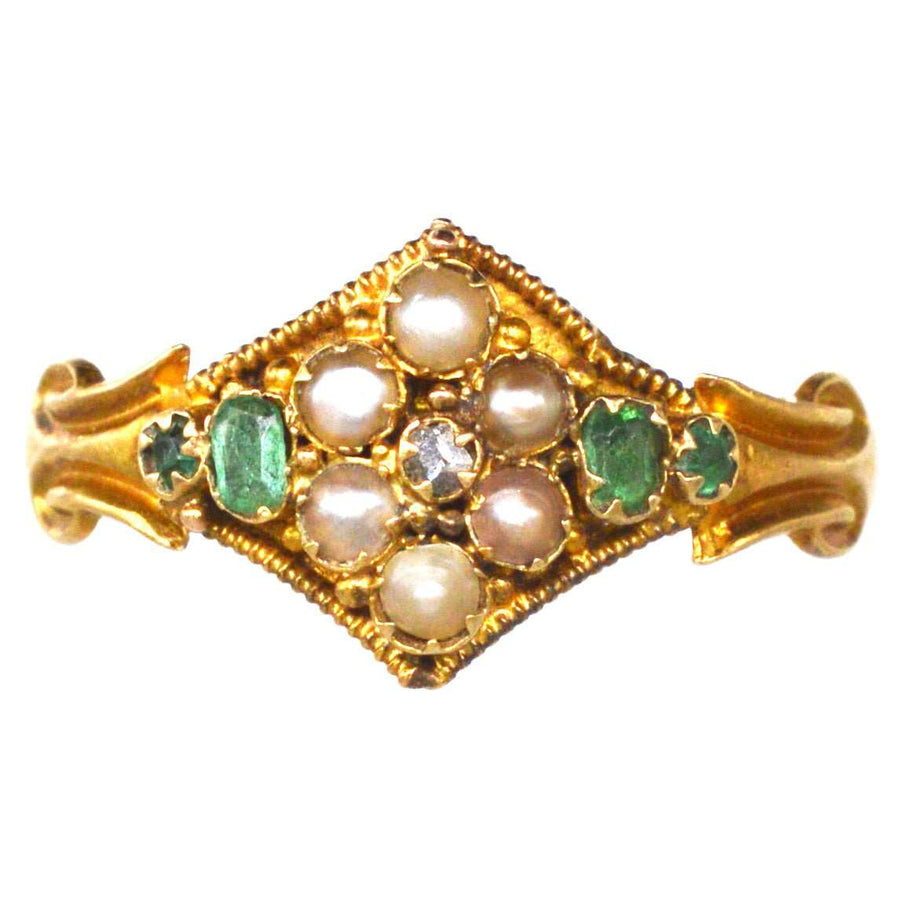 Victorian 18ct Gold Emerald, Diamond and Seed Pearl Ring | Parkin and Gerrish | Antique & Vintage Jewellery