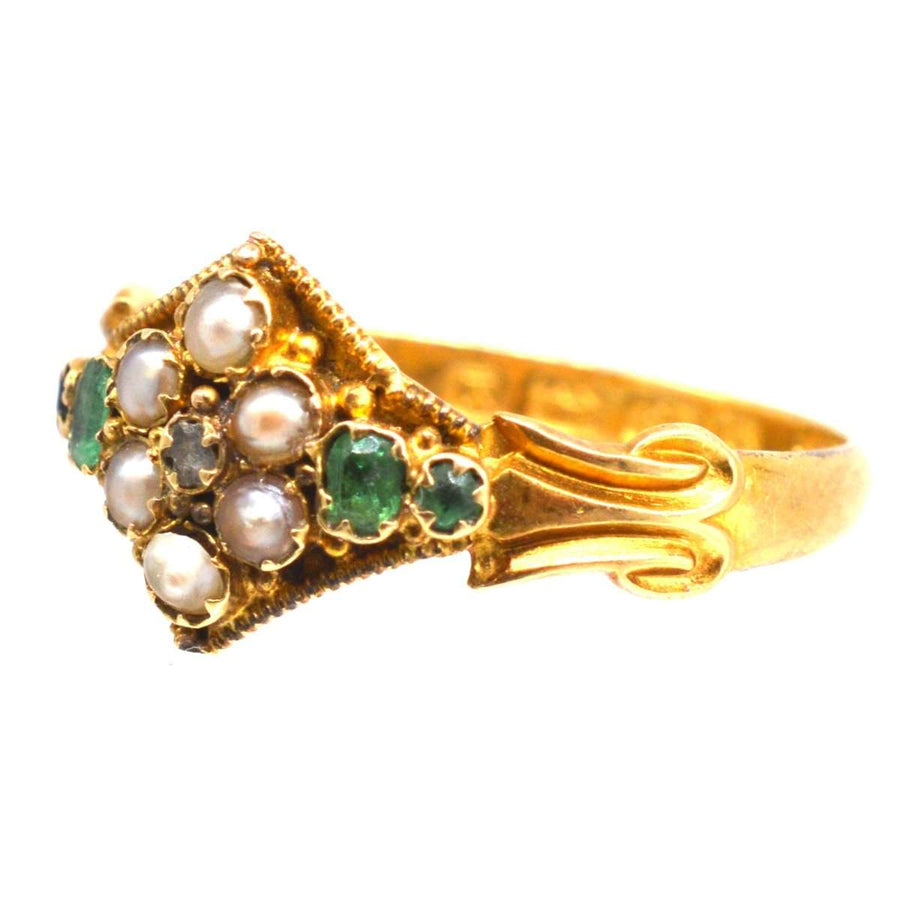 Victorian 18ct Gold Emerald, Diamond and Seed Pearl Ring | Parkin and Gerrish | Antique & Vintage Jewellery