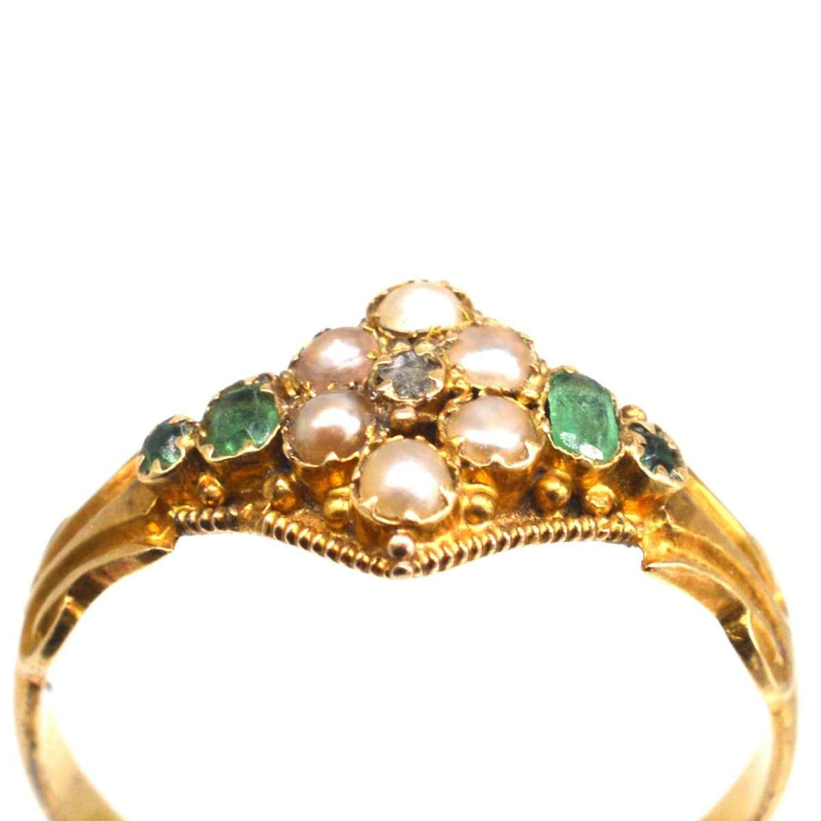 Victorian 18ct Gold Emerald, Diamond and Seed Pearl Ring | Parkin and Gerrish | Antique & Vintage Jewellery