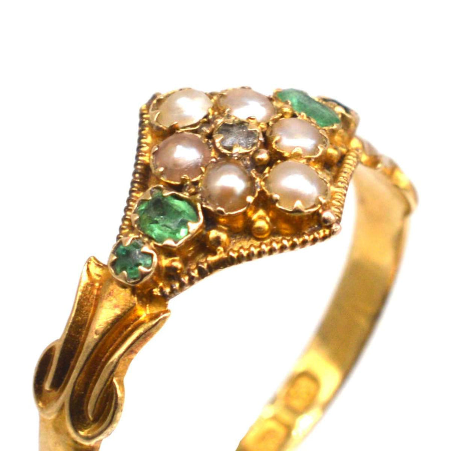 Victorian 18ct Gold Emerald, Diamond and Seed Pearl Ring | Parkin and Gerrish | Antique & Vintage Jewellery