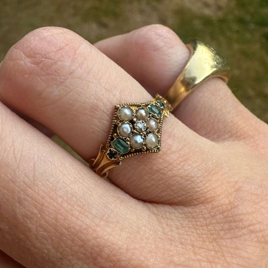 Victorian 18ct Gold Emerald, Diamond and Seed Pearl Ring | Parkin and Gerrish | Antique & Vintage Jewellery