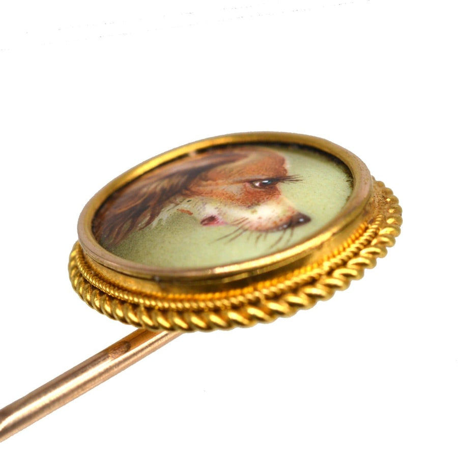 Victorian 18ct Gold Painted Miniature of a Spaniel Dog Tie Pin After Armfield | Parkin and Gerrish | Antique & Vintage Jewellery