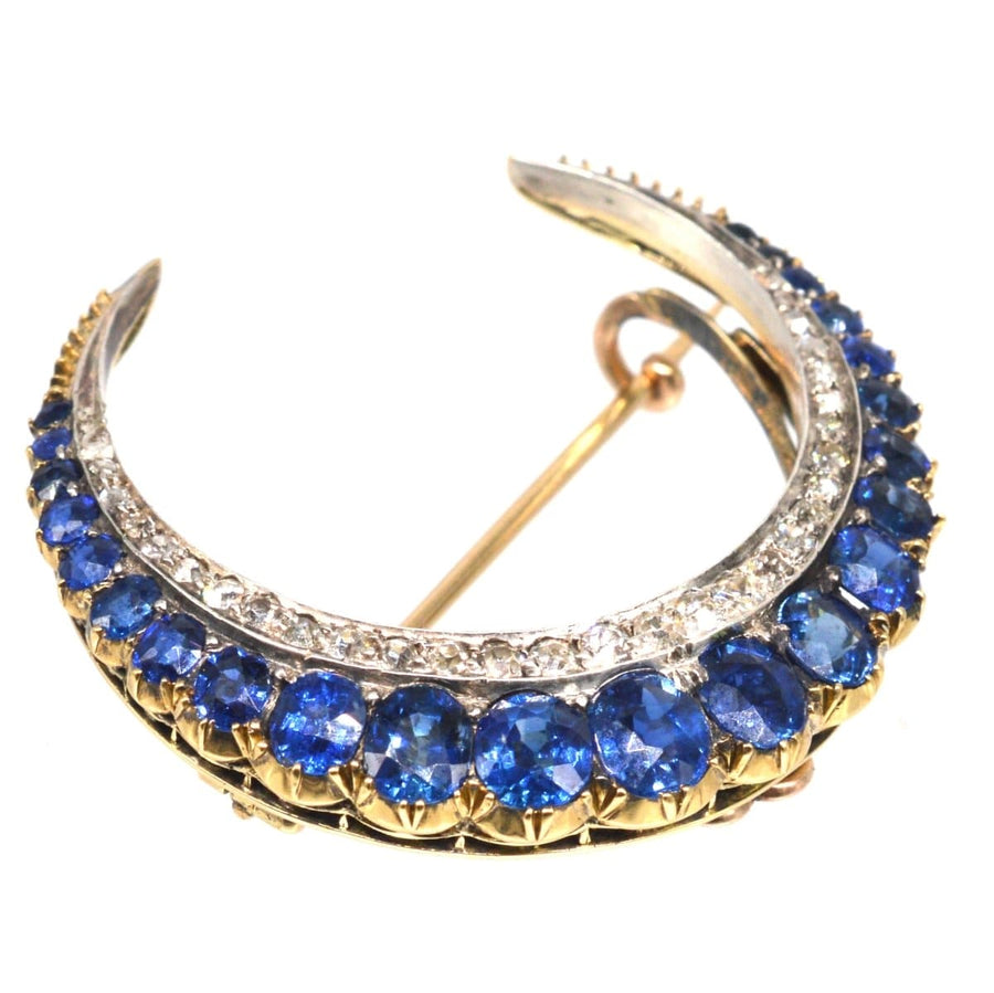 Victorian 18ct Gold, Sapphire and Diamond Crescent Moon Brooch | Parkin and Gerrish | Antique & Vintage Jewellery