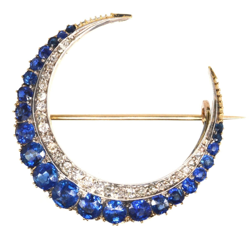 Victorian 18ct Gold, Sapphire and Diamond Crescent Moon Brooch