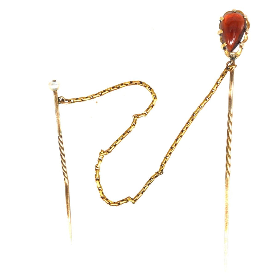 Victorian 9ct Gold Garnet Tie Pin with a Pearl Safety Pin and Snake Chain | Parkin and Gerrish | Antique & Vintage Jewellery