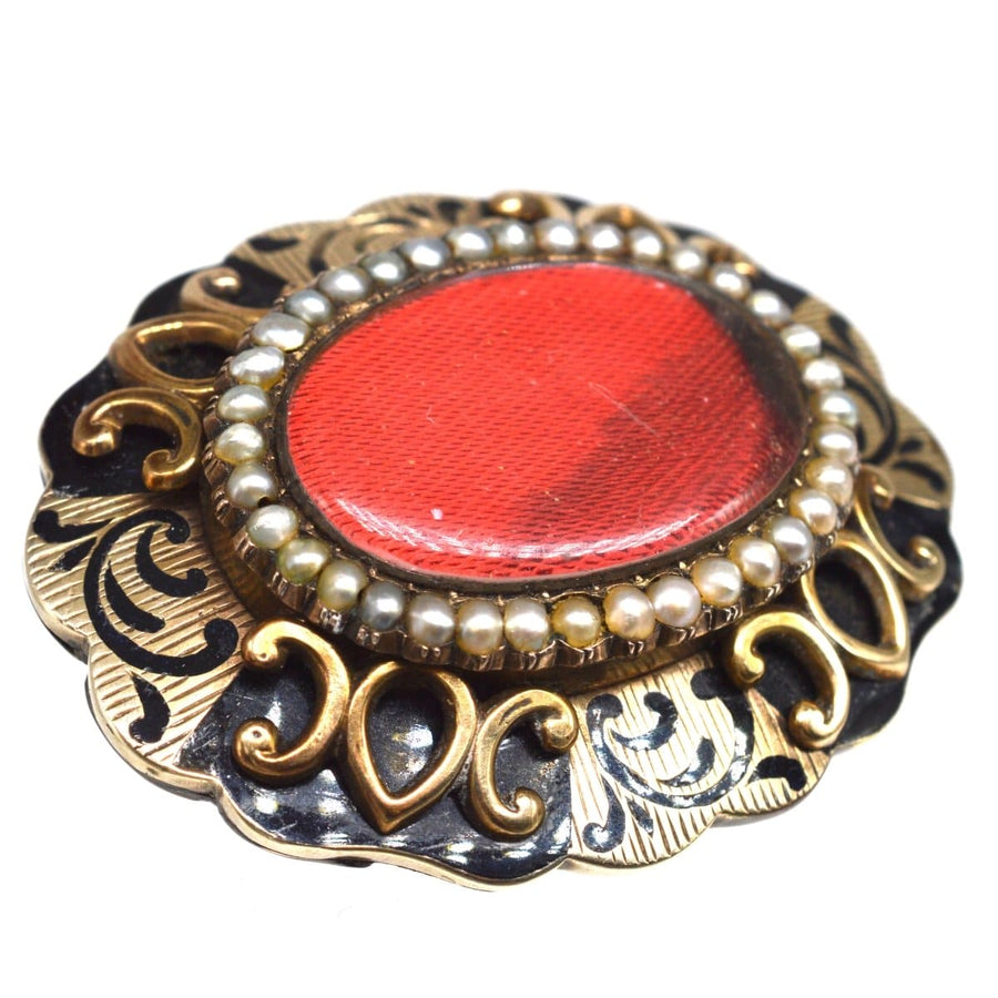 Victorian 9ct Gold Mourning Brooch with seed pearls and red enamel detail, engraved with memorial inscription.