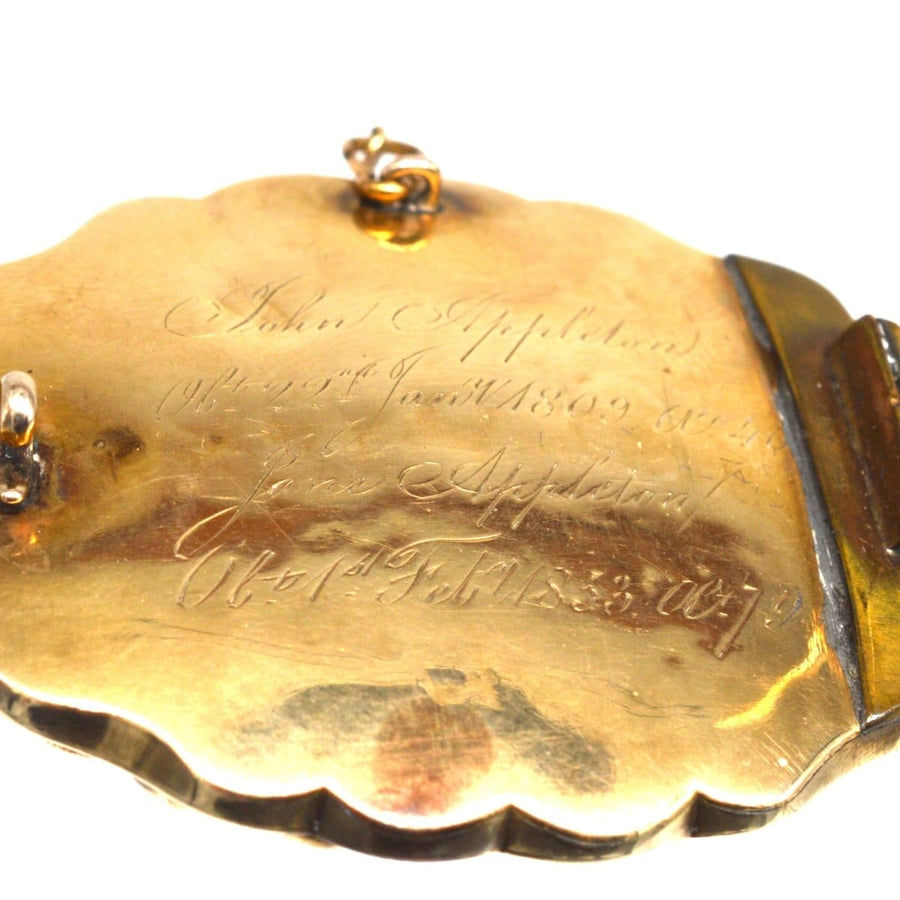 Engraved inscription on the back of a Victorian 9ct gold mourning brooch, honoring John and Jane Appleton.