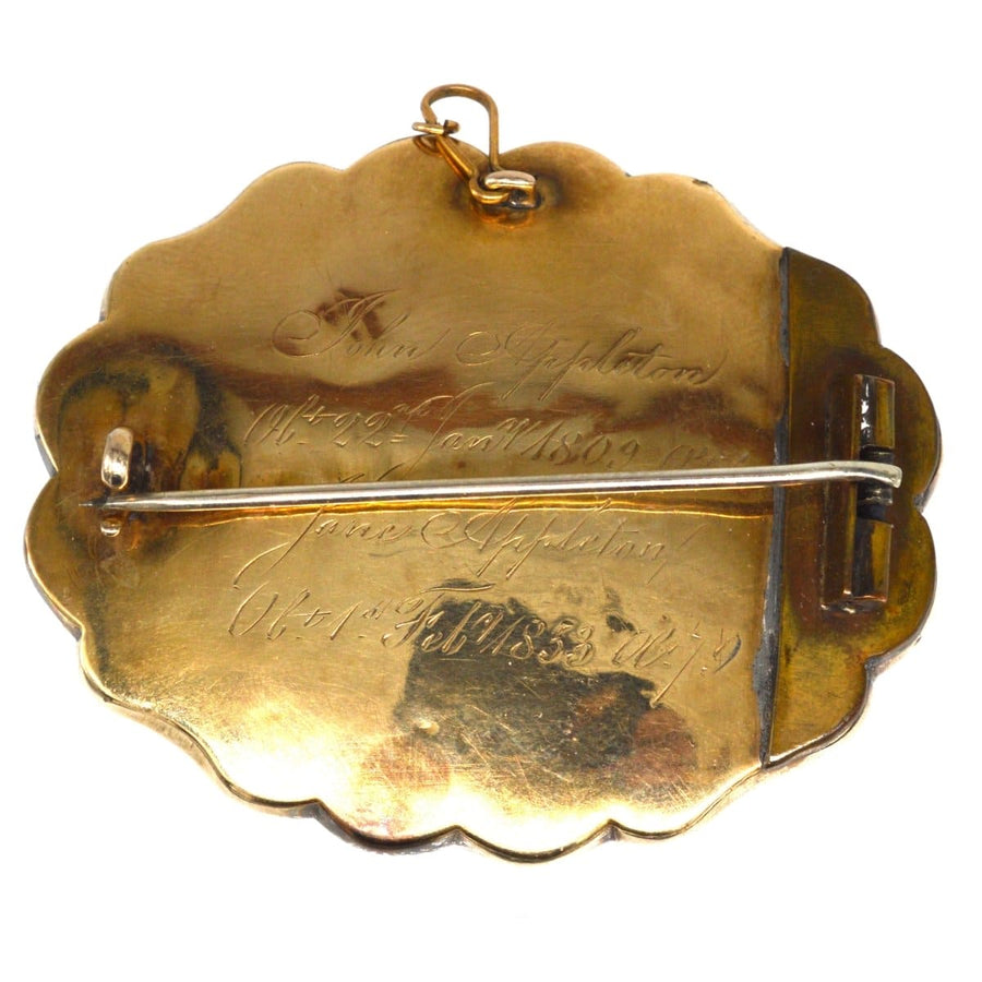 Engraved back of Victorian 9ct gold mourning brooch with names and dates of John and Jane Appleton.