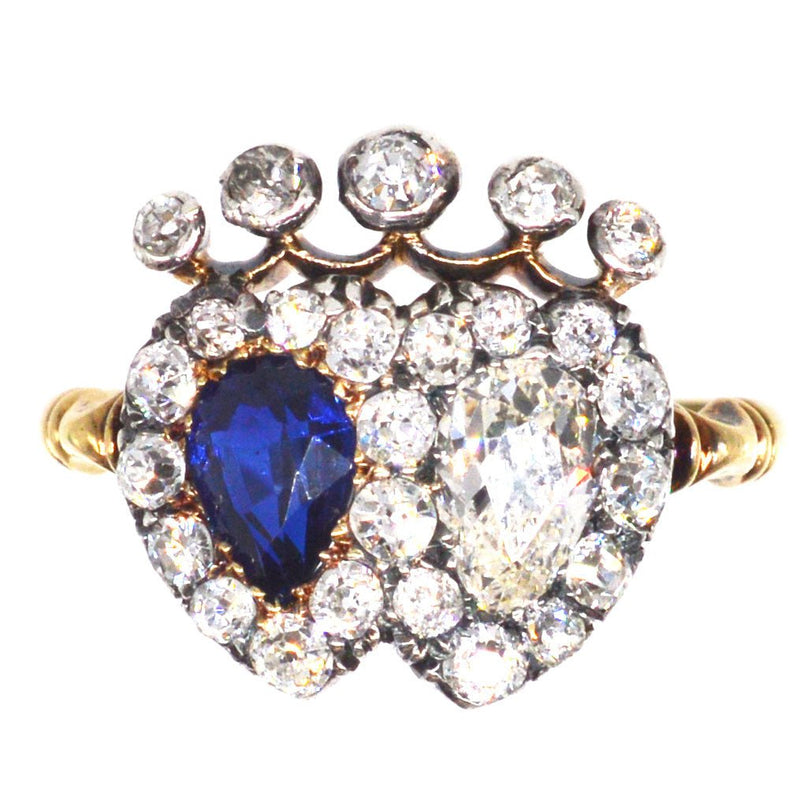 Victorian Sapphire and Diamond Double Heart Crown Ring