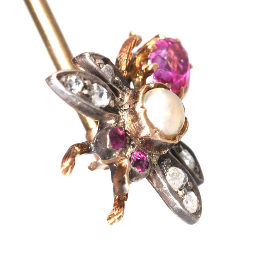 Victorian Silver & 18ct Gold Pink Sapphire, Pearl & Diamond Insect Tie Pin | Parkin and Gerrish | Antique & Vintage Jewellery