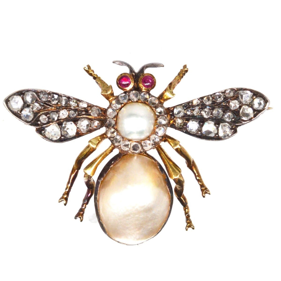 Victorian Silver & 18ct Gold, Rose Cut Diamond and Pearl Bee / Insect Brooch | Parkin and Gerrish | Antique & Vintage Jewellery