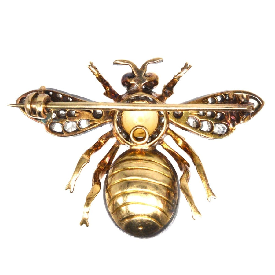 Victorian Silver & 18ct Gold, Rose Cut Diamond and Pearl Bee / Insect Brooch | Parkin and Gerrish | Antique & Vintage Jewellery