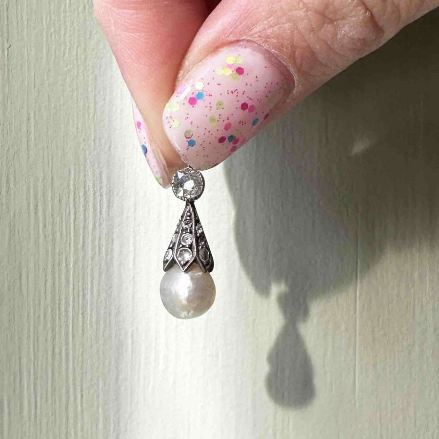Victorian Silver Diamond and Certificated Natural Saltwater Pearl Pendant | Parkin and Gerrish (UK)