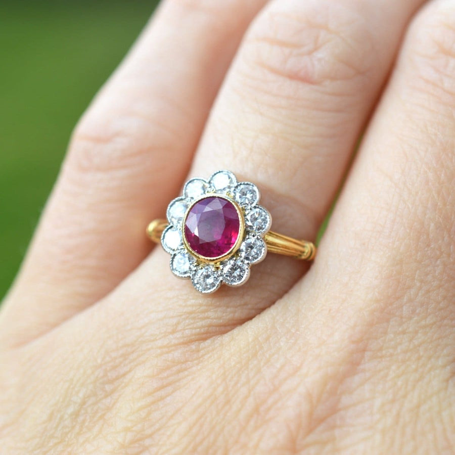 Vintage 18ct Gold Burma Ruby and Diamond Cluster Ring | Parkin and Gerrish | Antique & Vintage Jewellery