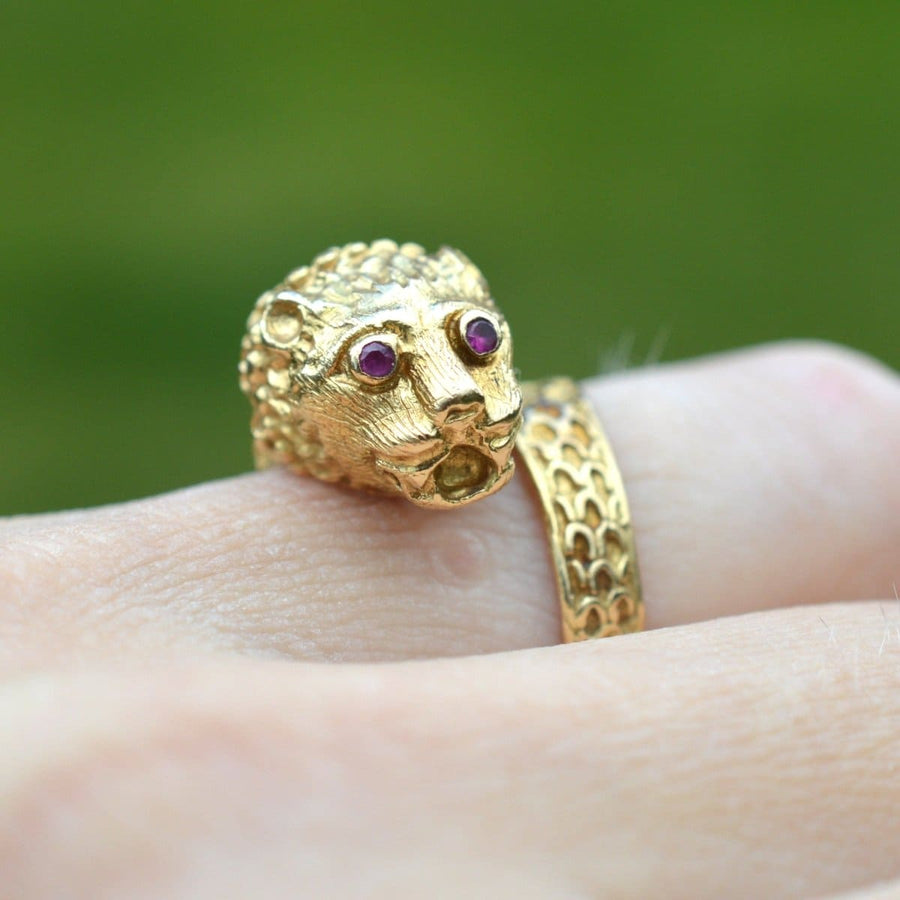 Vintage 18ct Gold Chimera Ring with Ruby Eyes | Parkin and Gerrish | Antique & Vintage Jewellery