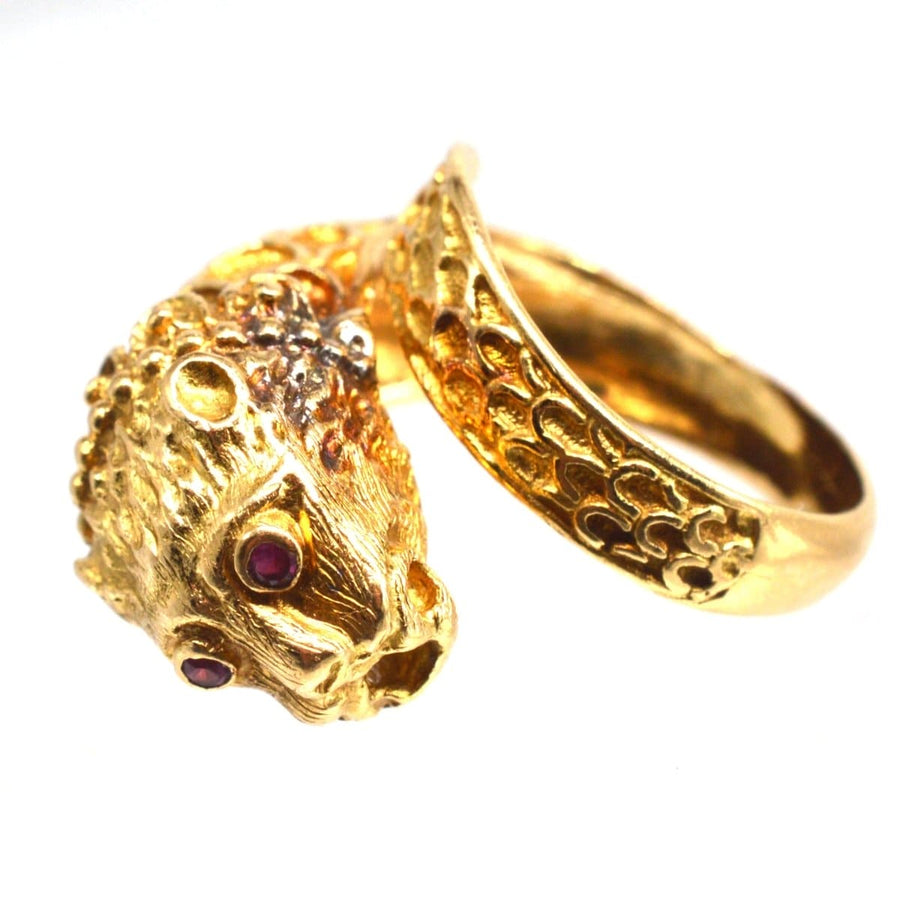 Vintage 18ct Gold Chimera Ring with Ruby Eyes | Parkin and Gerrish | Antique & Vintage Jewellery