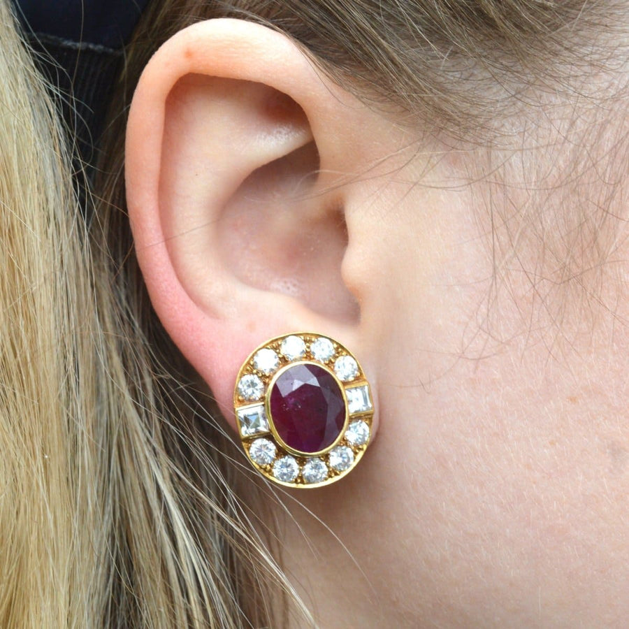 Vintage 18ct Gold Ruby and White Sapphire Cluster Clip On Earrings | Parkin and Gerrish | Antique & Vintage Jewellery