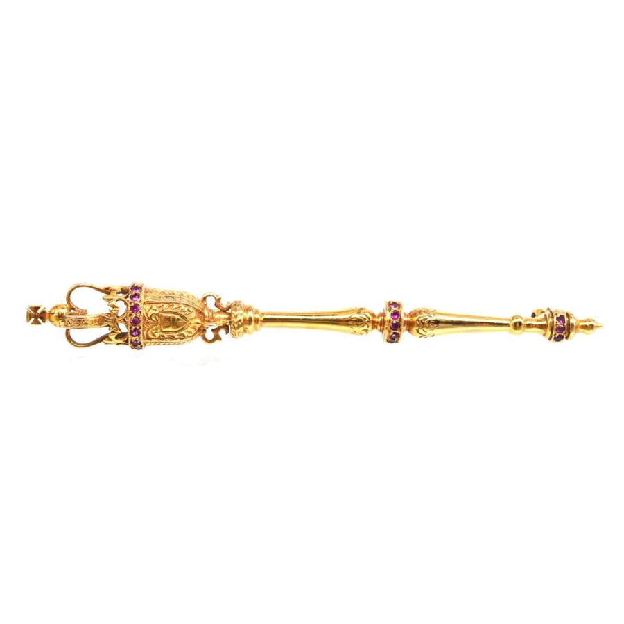 Vintage 9ct Gold Royal Mace Brooch with Rubies, symbolizing power and British tradition from 1975.