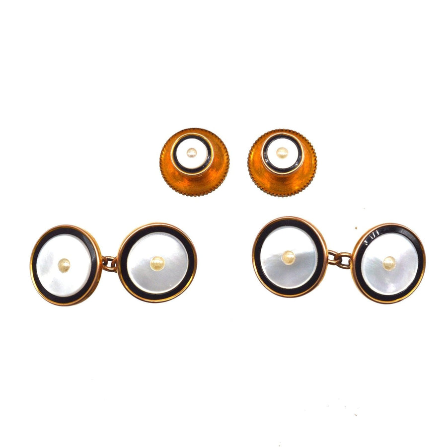 1930s Deco 9ct gold, onyx, and pearl cufflinks with matching studs in original velvet case.