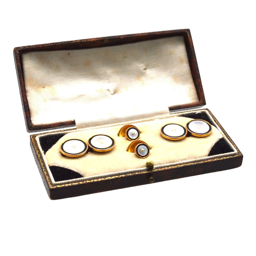 1930s Deco 9ct Gold and Pearl Cufflinks in original box, showcasing elegant Art Deco design and vintage charm.