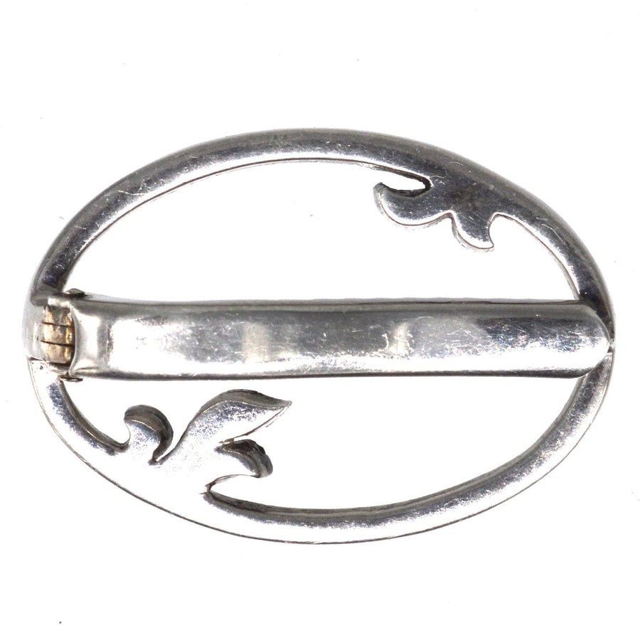 1930s German silver oval marcasite brooch clip with leaf motifs, perfect for ties, lapels, or hats.