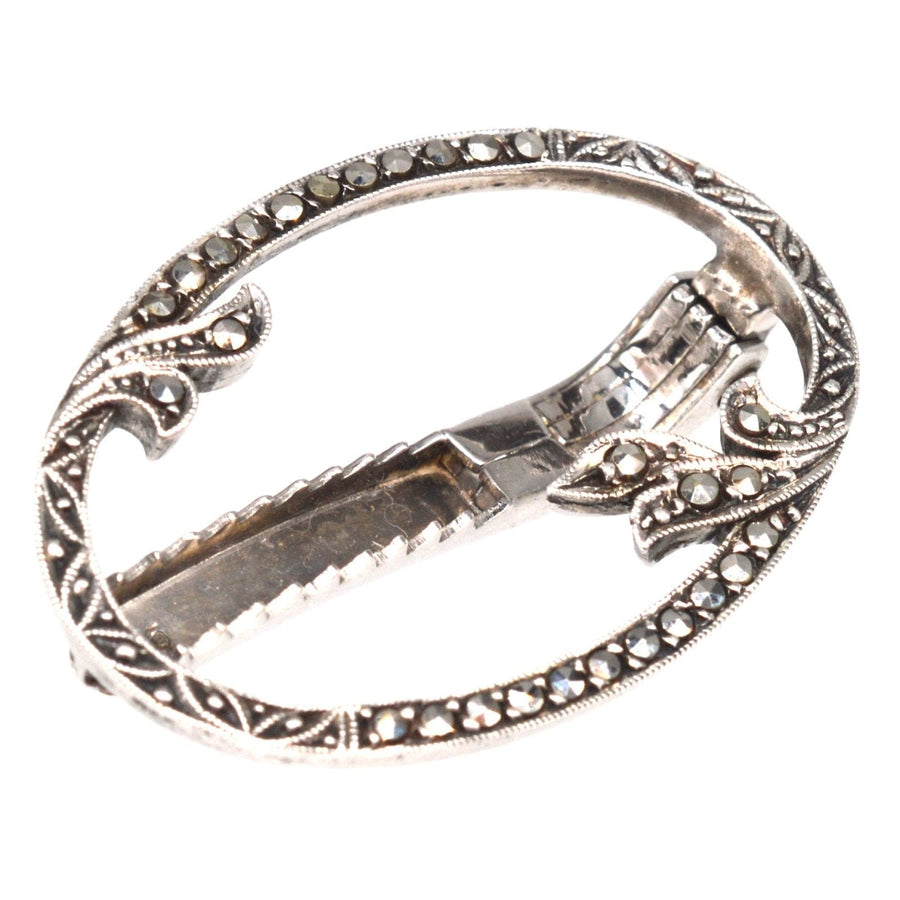 1930s German silver oval marcasite brooch clip with leaf motifs, perfect for ties, lapels, and hats.