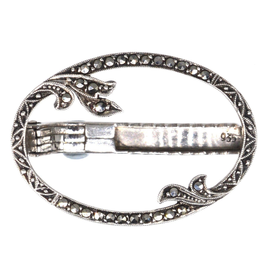 1930s German silver oval marcasite brooch with leaf motifs, perfect for ties, lapels, or hats.