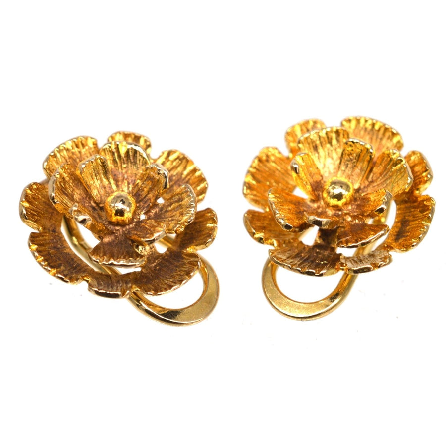 1940s 9ct gold flower clip-on earrings, detailed design, Birmingham made, perfect for vintage jewelry lovers.
