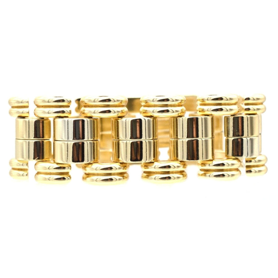 1940s gold-tone geometric tank bracelet by de Farre, inspired by Cartier's timeless designs.