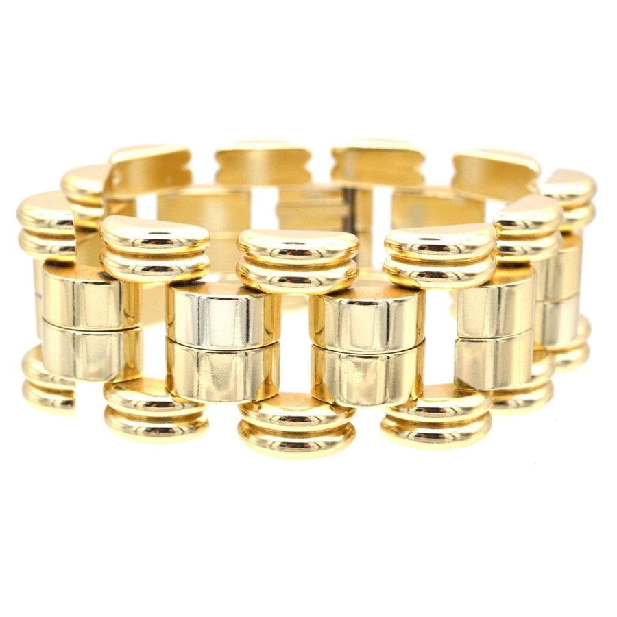 1940s French geometric gold-tone tank bracelet by de Farre, retro design inspired by Cartier's iconic styles.