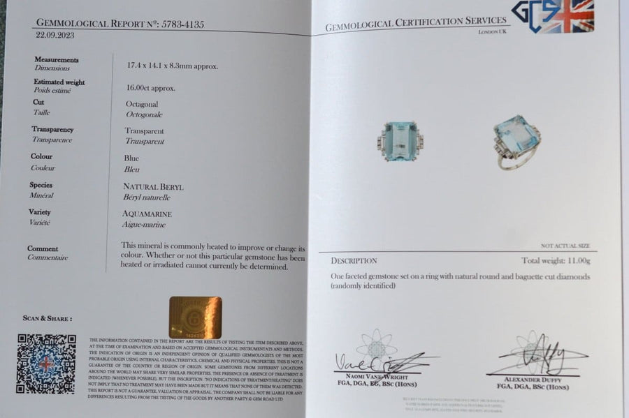 Certification report for a natural aquamarine ring featuring detailed gemological analysis.