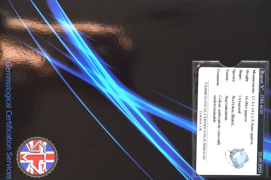 Certification for a 16 carat natural aquamarine gemstone, dated 22.09.23, from Gemological Certification Services.
