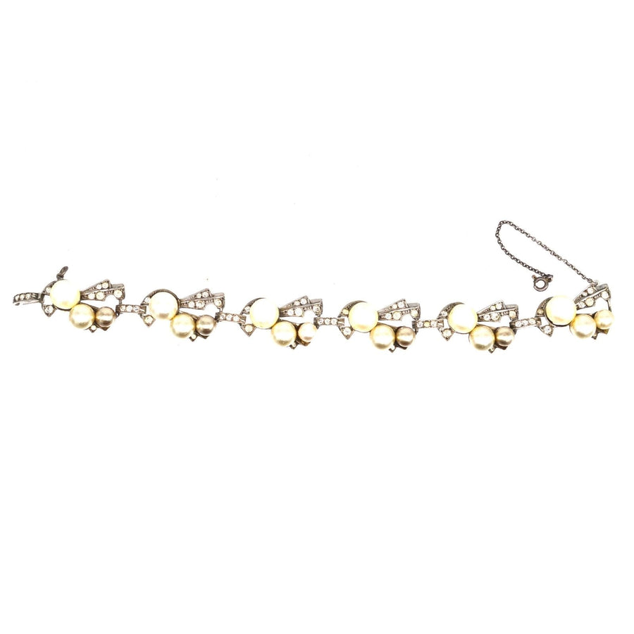 1940s retro silver bracelet with faux pearls and sparkling paste stones, stylish architectural design