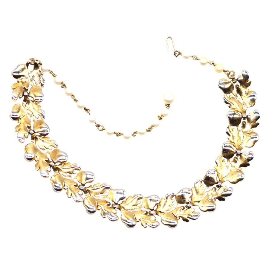 1950s Trifari gold-tone oak leaf necklace with faux pearls and acorn detailing