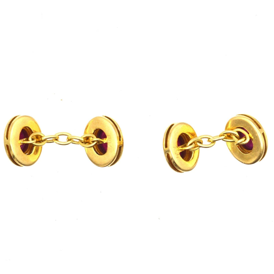 1960s 18ct gold cufflinks featuring natural unheated cabochon ruby, elegant and timeless design.