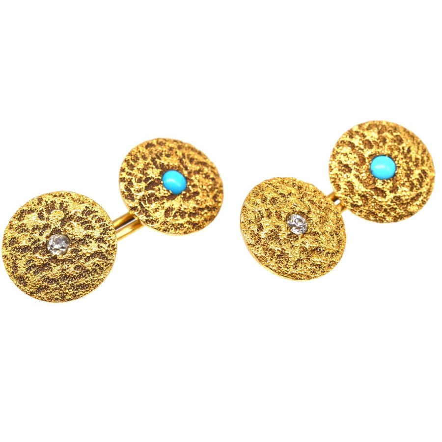 1960s textured gold cufflinks featuring diamonds and turquoise cabochons, ideal for stylish men's accessories.