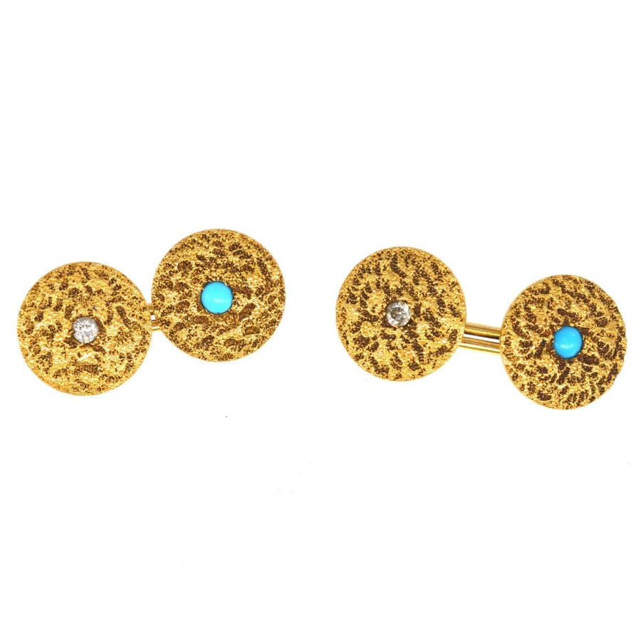 1960s textured gold cufflinks with diamonds and turquoise, elegant vintage jewelry accessory.