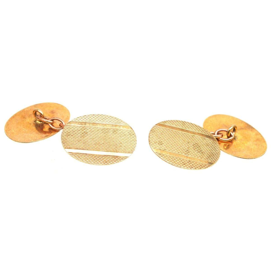 1960s 9ct gold engine turned cufflinks with elegant engraved design, perfect for classic formal attire.