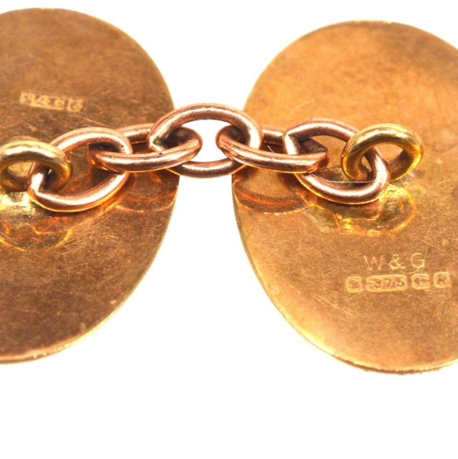 1960s 9ct gold engine turned cufflinks detail showing chain and hallmarks W&G