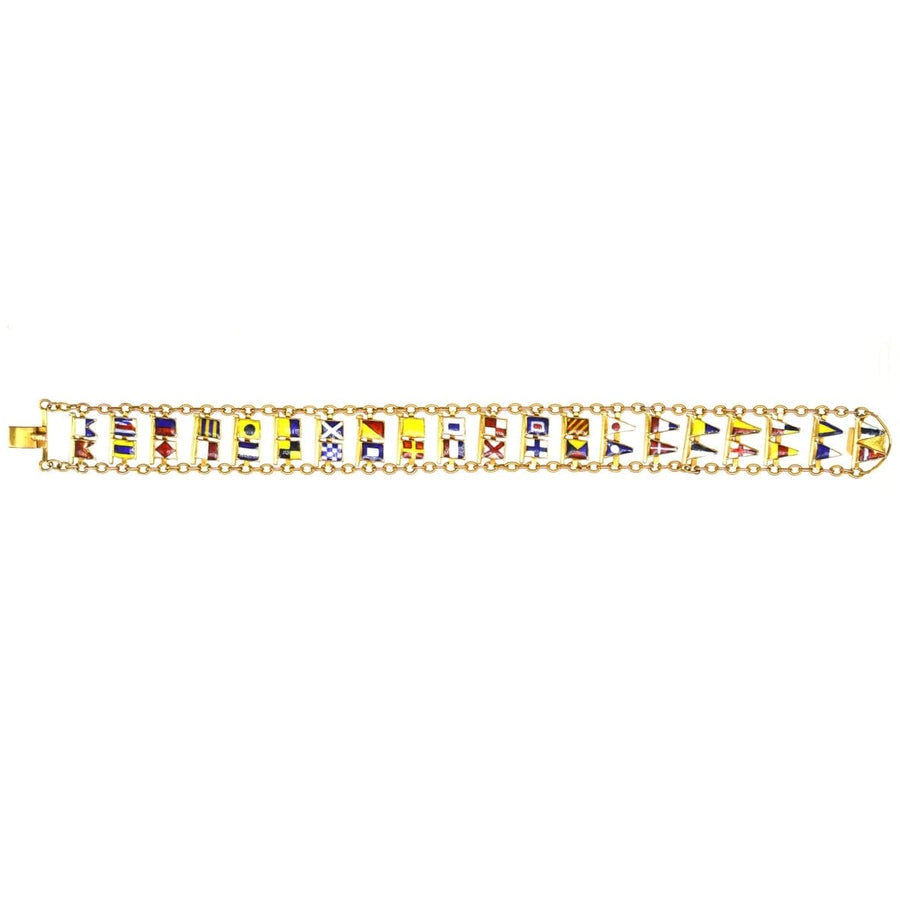 1960s 9ct gold nautical signal flag bracelet with full alphabet and numbers, perfect for maritime enthusiasts.