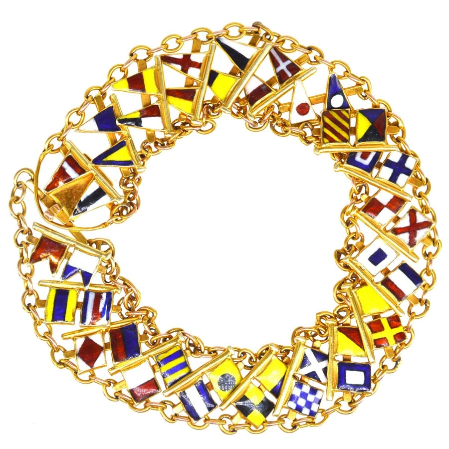 1960s 9ct gold nautical signal flag bracelet with full alphabet in finely enameled design.