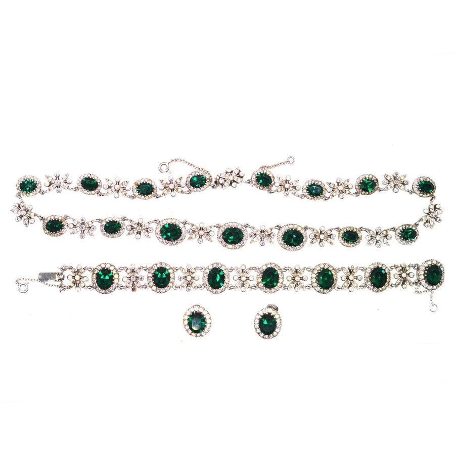 1960s green tourmaline and diamond paste parure set including necklace, bracelet, and earrings by Louis Simpson Ltd.