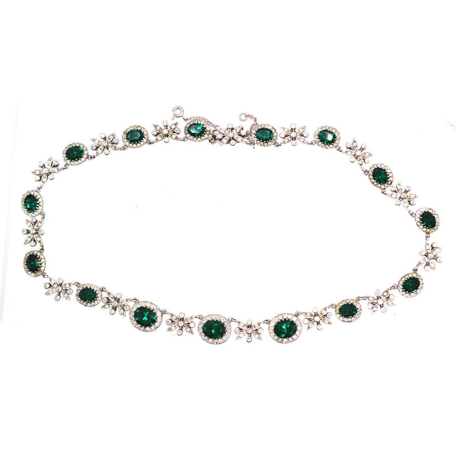 1960s green tourmaline paste necklace with floral accents, part of a vintage jewelry set by Louis Simpson Ltd.